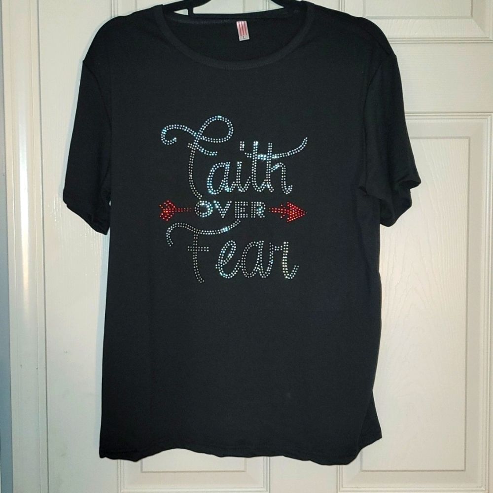 Black Faith over Fear T-Shirt, size Large.  Rhinestone Print